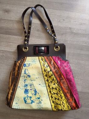 Sharif Multicolor Python-Print Paneled Shoulder Bag - Brown Trim